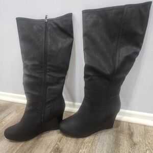 Black Knee-High Wedge Boots